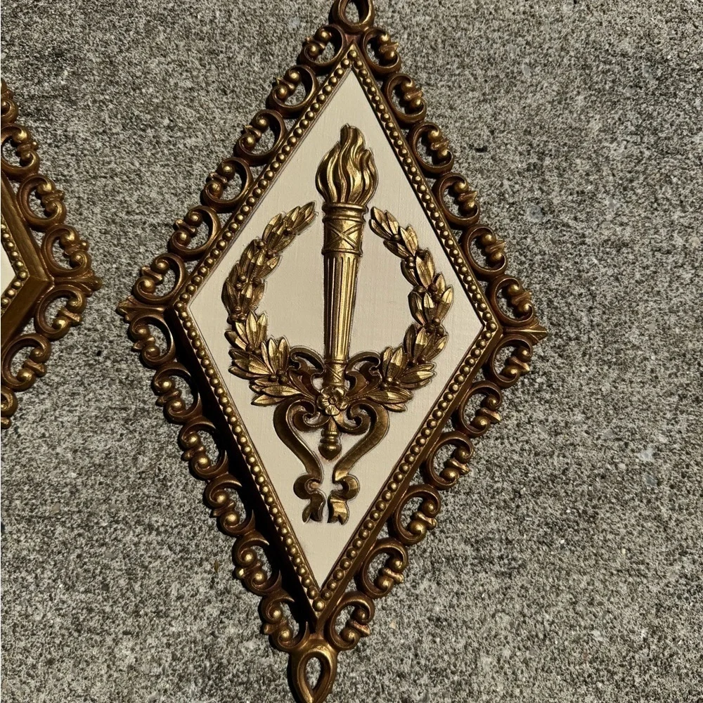 Vtg HOMCO Roman Gold Diamond Shaped Wall Plaques Ornate MCM Set Of 4